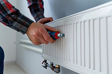 Poster - A skilled installer carefully tightens a connector on a newly installed radiator system, ensuring efficient heating for a comfortable home. Generative AI