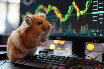 Wall Mural - A hamster sits on a keyboard in front of a computer screen displaying stock market charts