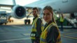 © Pinklife - Friendly airport staff in reflective vests at the terminal, ready for operational duties, emphasizing teamwork, commitment, and a safe work environment.