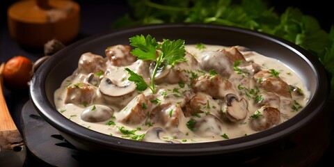 Canvas Print - French veal stew in white sauce known as blanquette de veau. Concept - French cuisine.- Blanquette de veau.- Veal stew.- White sauce.- Traditional recipe