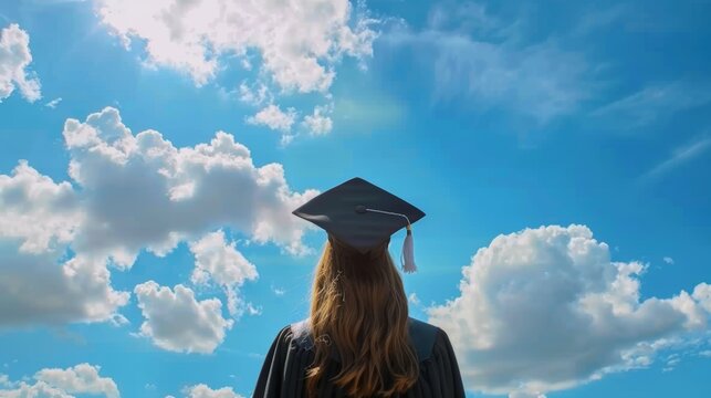 Rear view of high school graduate in gown and cap on graduation day with blue sky with white clouds in background