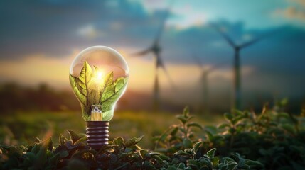Green Energy Revolution: Lightbulb Symbolizing Renewable Sources and Sustainable wind energy. Alternative sources of energy.