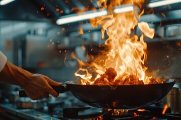 Chef cooks food with fire in professional kitchen.