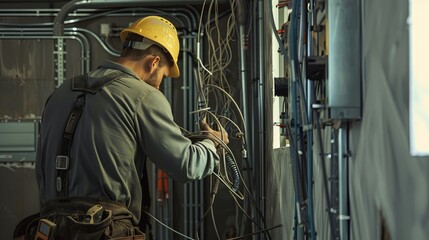 Poster - An electrician wearing a yellow hard hat works on electrical wiring inside an open wall during a construction project. Generative AI
