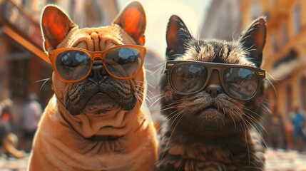 Wall Mural - Cat and dog in sunglasses.