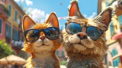 Wall Mural - Cutie happy cat and dog with sunglasses.