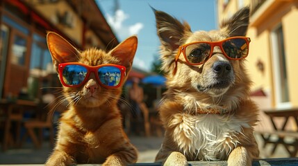 Wall Mural - Cat and dog in sunglasses.