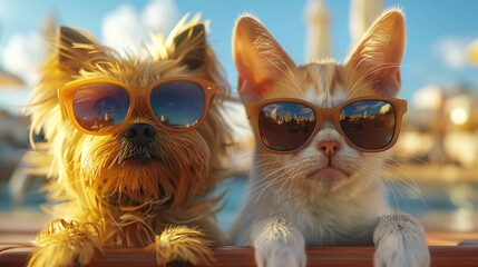 Wall Mural - Cutie happy cat and dog with sunglasses.