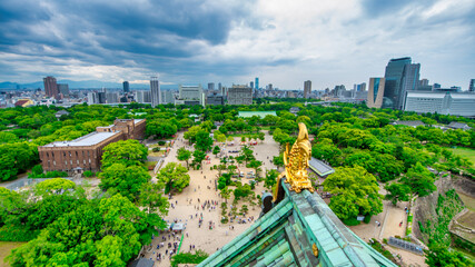 Sticker - Osaka, Japan. Aerial view of city skyline from Osaka Castle