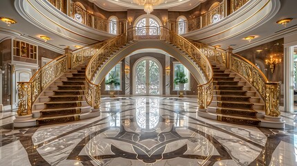 Wall Mural - luxurious foyer with marble flooring, a dramatic double staircase, and ornate gold accents that reflect a sense of grandeur and welcome