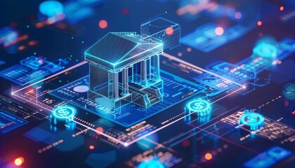 Poster - Digital Bank Building Model On A Futuristic Interface