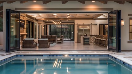 luxurious pool house with bi-fold glass doors that open to a sparkling pool, an indoor bar, and loun
