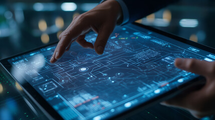 Wall Mural - Close-up of engineers' hands navigating digital tablets showing detailed energy distribution maps and efficiency analytics, enhancing smart grid plans