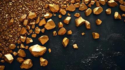 Close-up of scattered gold nuggets on a dark surface, showcasing their shiny, metallic texture and rich, golden color. Concept of wealth, treasure, and precious minerals.
