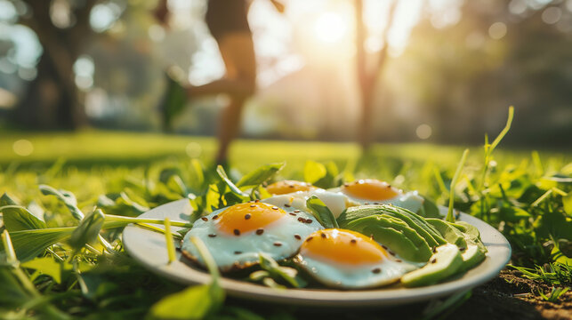 An energetic scene of a morning run through a sunlit park, followed by a colorful ketogenic breakfast with avocado, eggs, and leafy greens, highlighting the benefits of combining a