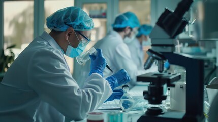 Poster - professional health care researchers working in life of medical science laboratory, technology of medicine chemistry lap experiment for hospital. Generative AI