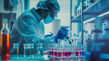 Poster - professional health care researchers working in life of medical science laboratory, technology of medicine chemistry lap experiment for hospital. Generative AI