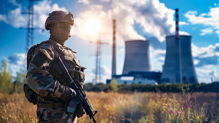 A soldier in a military uniform with a weapon stands against the background of a modern nuclear power plant on a sunny and bright day, symbolizing a strategically important facilit