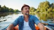 © Pinklife - A man wearing a hat and sunglasses is rowing a boat on still water with beautiful green nature surrounding him, reflecting off the glassy water, enjoying nature.