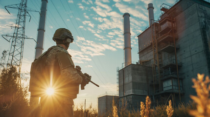 A soldier in military uniform with a weapon stands guard at a modern nuclear power plant under the bright sun, emphasizing its critical importance
