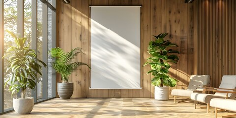 Wall Mural - Contemporary office banner stand in natural light against wooden backdrop. Concept Office Design, Banner Stand, Natural Light, Wooden Backdrop, Contemporary Style