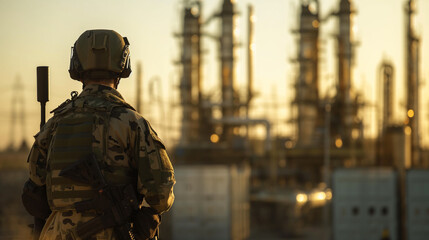 In front of a vast oil refinery glistening in the sun, a soldier in military uniform holds his weapon, highlighting the facility's critical strategic importance