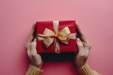 Wall Mural - Top view of hands holding red gift box on pink background.