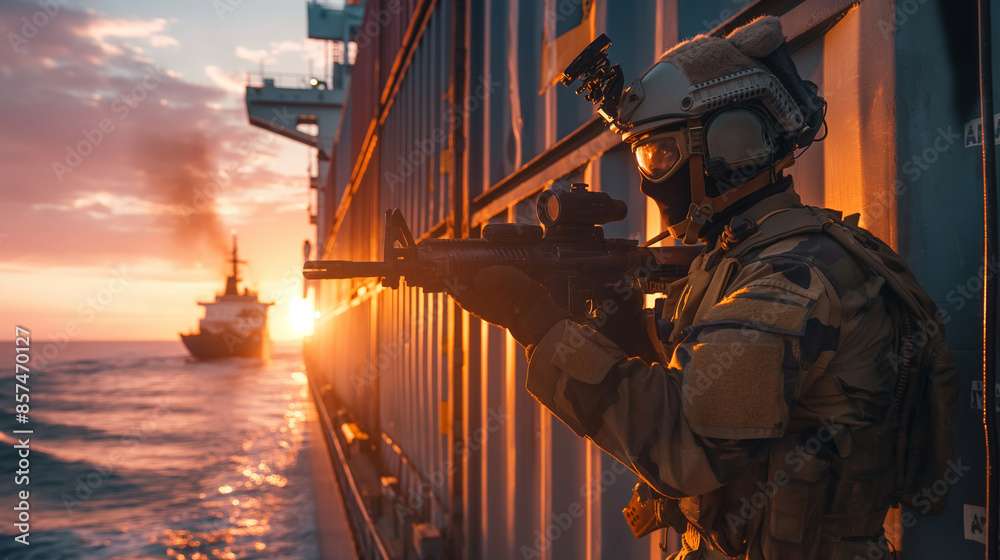 See the soldier's commitment on a modern container ship at sea, weapon ...