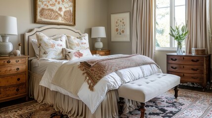 Wall Mural - A well-lit bedroom features a plush bed with a beige throw blanket and a patterned throw pillow. The room is decorated in soft beige and brown tones.