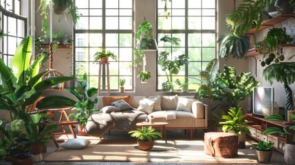 Wall Mural - A spacious living room filled with plants, bathed in sunlight. A comfortable sofa sits in the center, inviting relaxation.