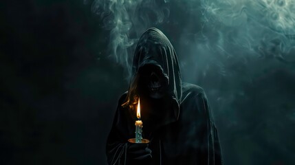 Wall Mural - Scary grim reaper standing behind a melting and burning candle doing dark ceremony on haunting black background with copy space, Halloween event scene and poster backdrops.