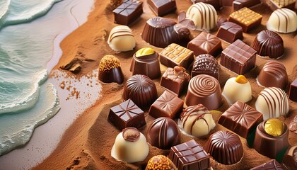 array of luxurious chocolate confections on sea shore