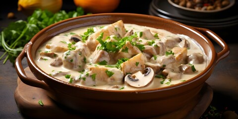 Sticker - Blanquette de veau Traditional French veal stew in white sauce. Concept French cuisine, Veal stew, Blanquette de veau, Creamy white sauce, Traditional recipe
