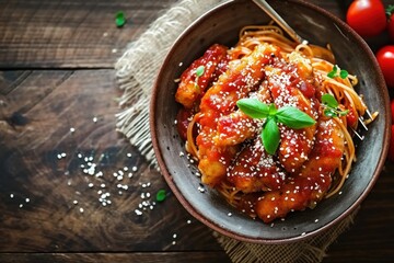 Wall Mural - Spicy Korean Fried Chicken in Bowl on a background with copy space. Tempting Korean fried chicken showcasing Korean spices and seasonings. Korean food concept with copy space.