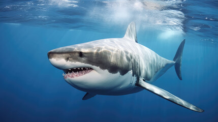 Great white shark swimming in the ocean water with open mouth and teeth.