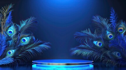 Wall Mural - Shiny blue luxury product display podium on gorgeous peacock feathers blue backgrounds, product showcase mock up with copy space, for Diwali Festival Diwali or Deepavali, cosmetic product curation.
