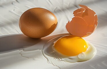 Wall Mural - Freshly Cracked Egg with Chicken Egg Yolk and Shell on Table