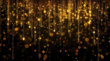 Shiny golden glitter rain draping down on black background, sparkling particles celebration background, for party, poster, greeting card, Christmas and new year. Generative AI