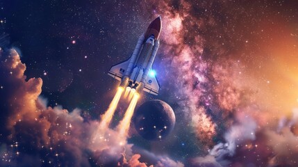 illustration of a rocket taking off into space and exploring the vastness of the universe. ai genera