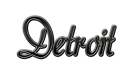 black metal 3d design of city name Detroit on white background.