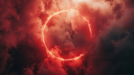 Smoke exploding outward from circular empty center, dramatic smoke or fog effect with red scary glowing for spooky Halloween background.