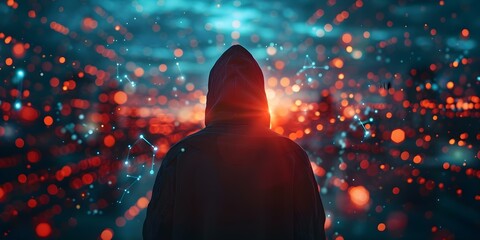 Poster - hooded hacker linked to solar winds cyberattack. concept cybersecurity, solar winds, data breach, ha