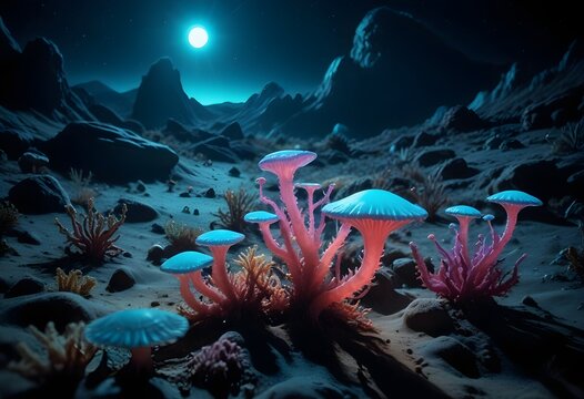 Bioluminescent coral reef with a glowing moon create with ai