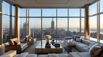 sophisticated penthouse living room with floor-to-ceiling windows offering a panoramic city view, sleek furniture, and metallic accents that reflect the urban skyline