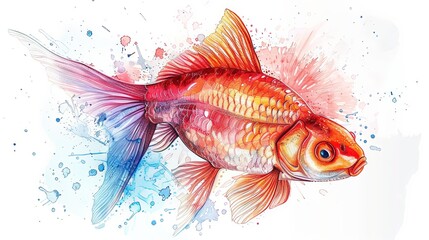 Wall Mural - Beautiful illustration of a colorful fish swimming amidst vibrant splashes of watercolor, showcasing intricate details and a dynamic composition.