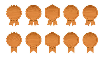 Wall Mural - Wooden medal set with ribbon. Wood award badges. Vector seal collection in cartoon style