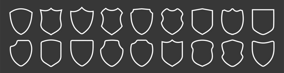 Wall Mural - White shields set. Collection of shield signs vector template. Empty outline frame icons. Logo design set, flat style vector illustration