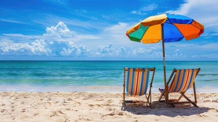 Poster - Beach chairs and umbrella - A pair of beach chairs and a colorful umbrella set up on a sandy beach, with a clear blue sky and sea in the background