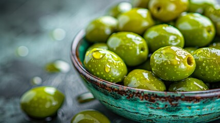 Close up view of fresh ripe olives with shiny olive oil droplets in a decorative bowl