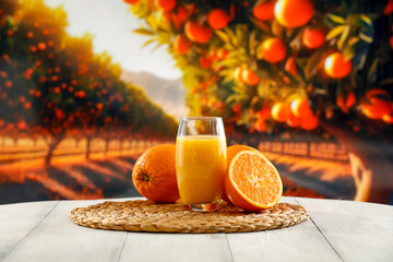 Wall Mural - Citrus juice and fruits cut in halves on the table top with sunny blurred citrus fruit plantation and exotic garden background. Hot summer time.